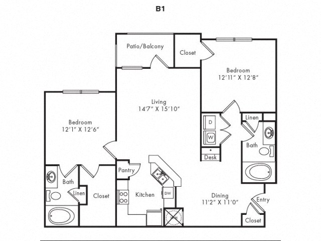 Floor plan for 2 beds, 2 baths, 1186 sqft